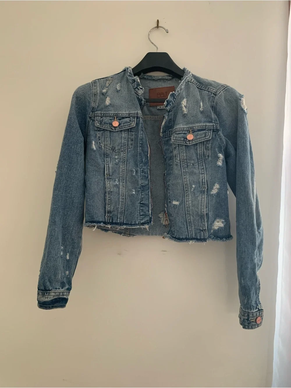 Cropped Distressed Denim Jacket - Blue